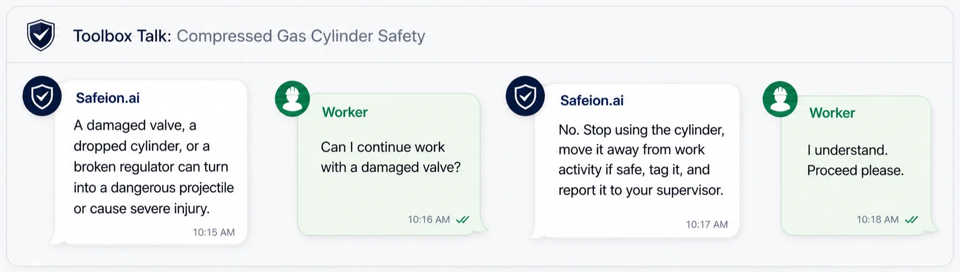 Wide chat strip showing a worker asking Safeion.ai a follow-up safety question during a toolbox talk