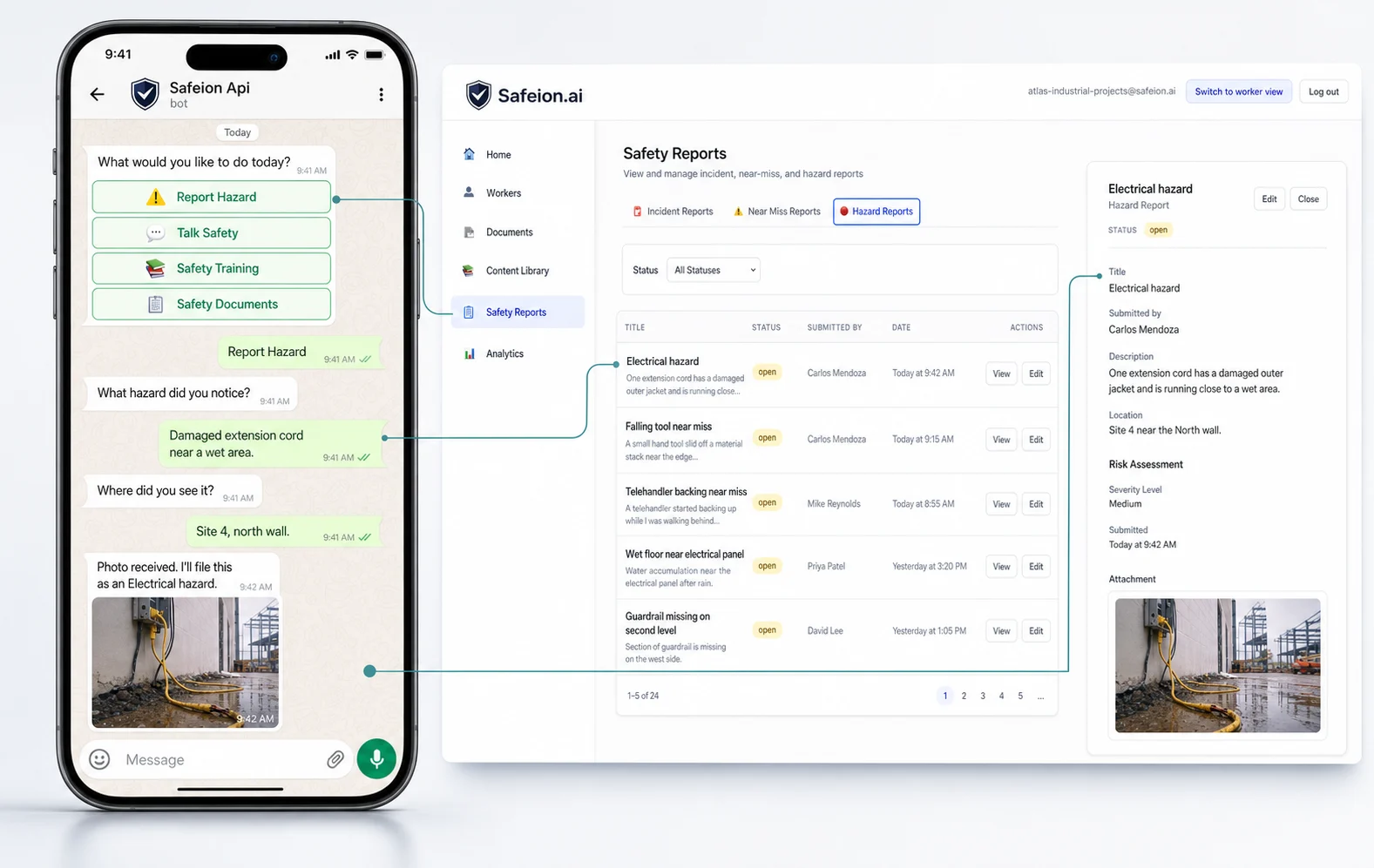 Safeion.ai WhatsApp-style hazard report connected to the admin safety reports dashboard