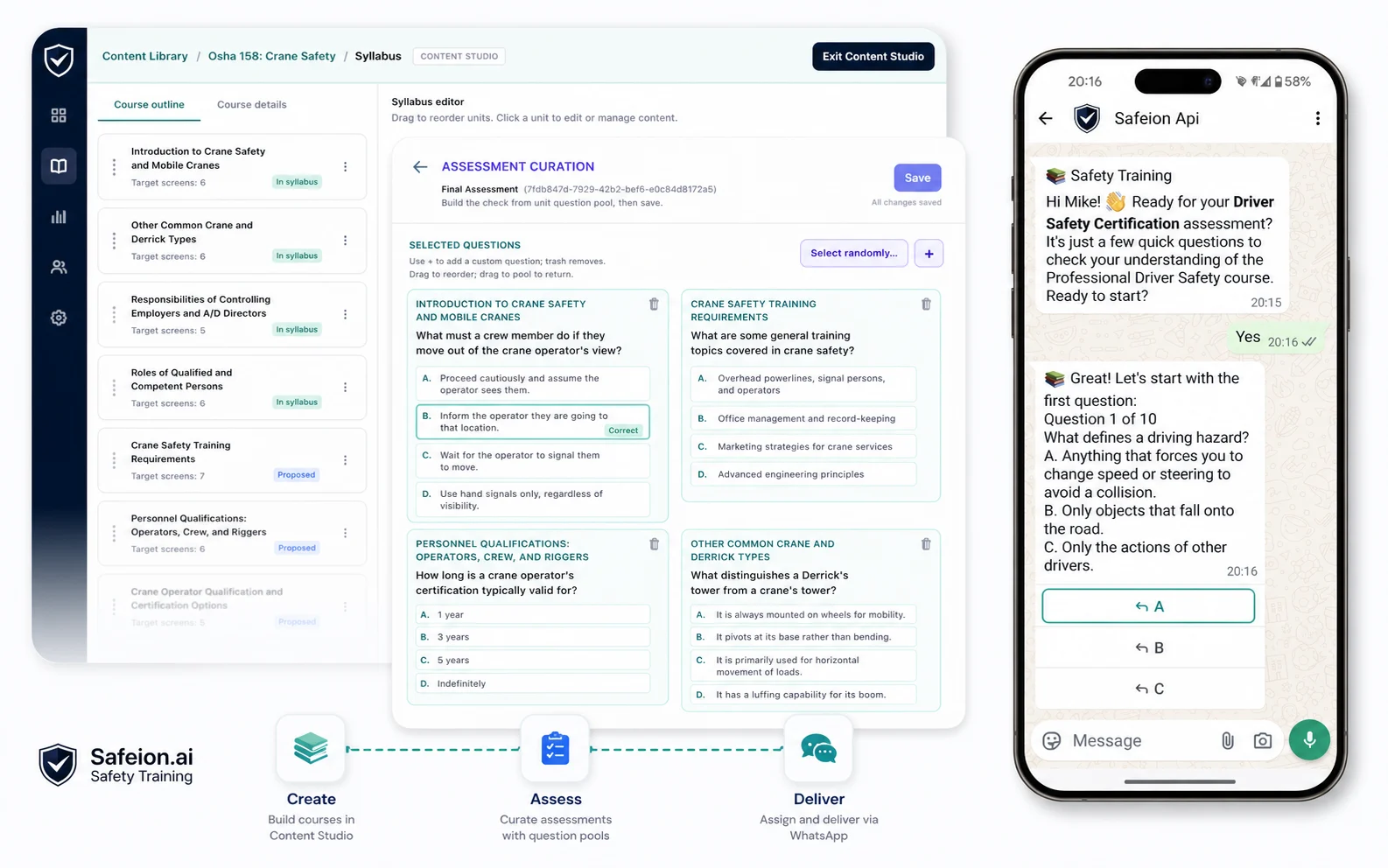 Safety training workflow from Content Studio syllabus and assessment curation to WhatsApp delivery