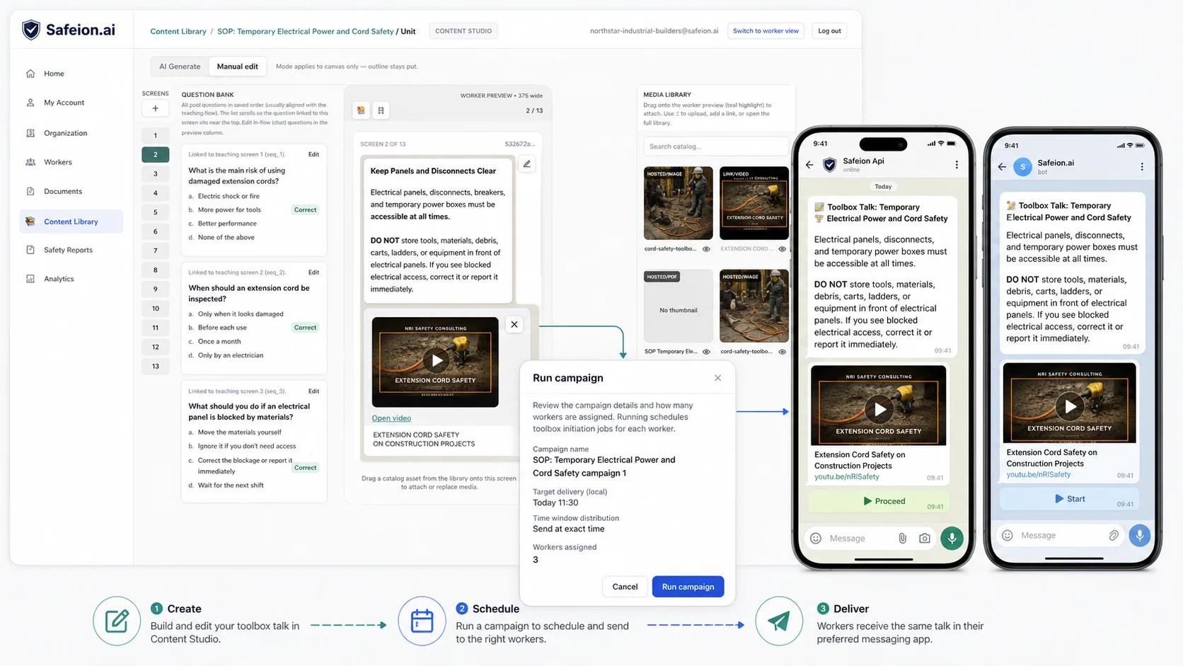 Safeion.ai toolbox talk workflow from content studio editing to campaign scheduling and delivery in messaging apps